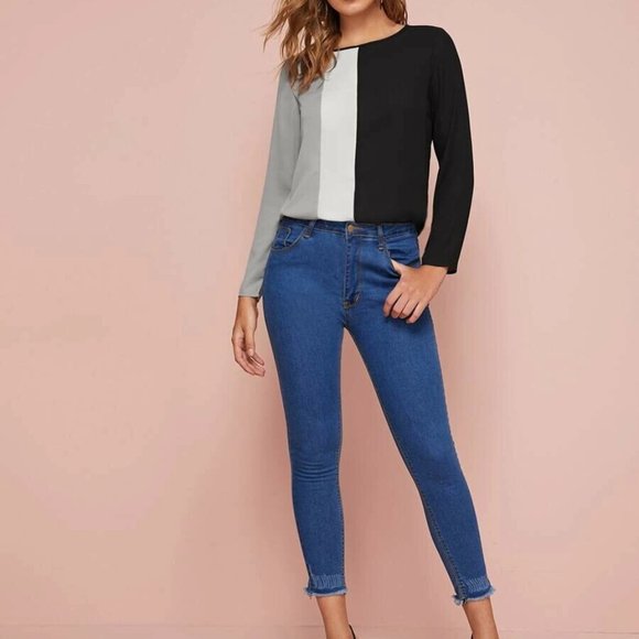 NEW BOUTIQUE WOMENS COLORBLOCK BLOUSE BLACK TOP - Picture 3 of 5